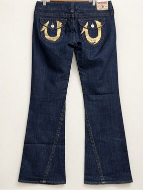True Religion Joey Dark Wash Flare Jeans Gold Painted Horseshoe Size 32